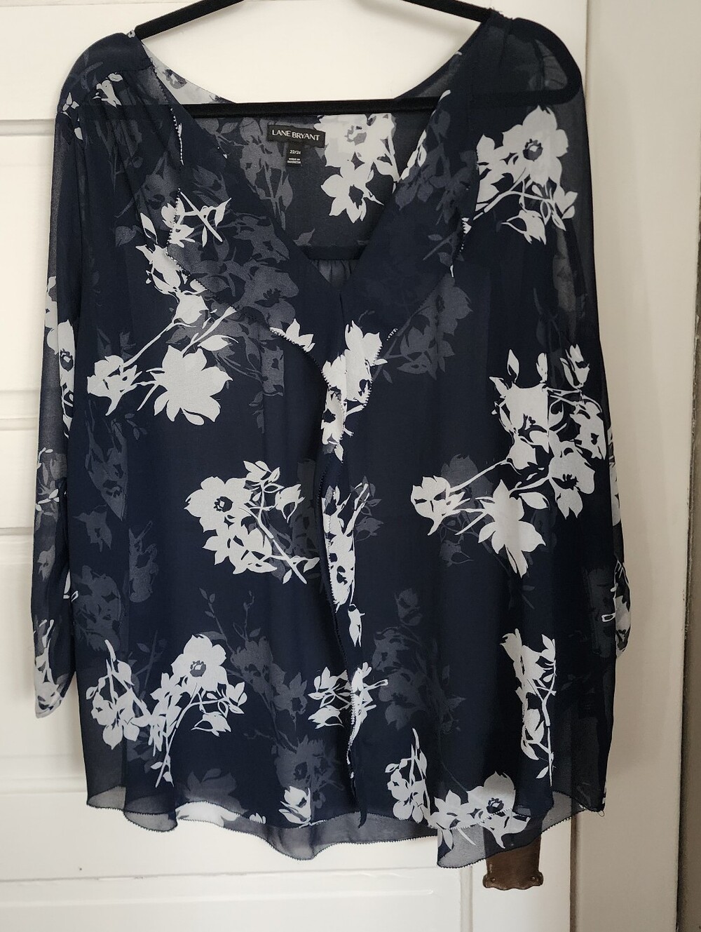 Lane Bryant Navy and White Floral Sheer Blouse